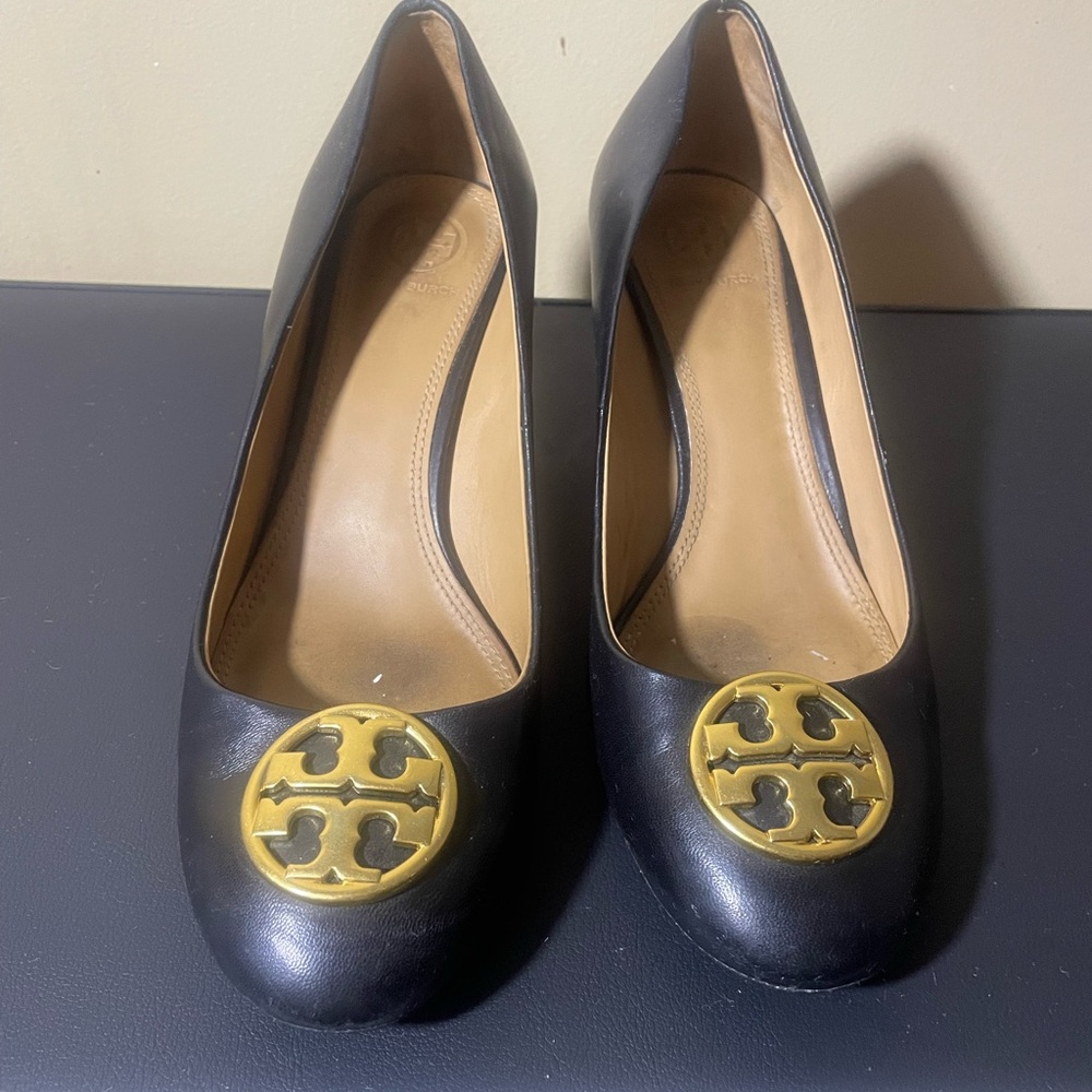Tory Burch Black Leather Wedges with Gold Logo